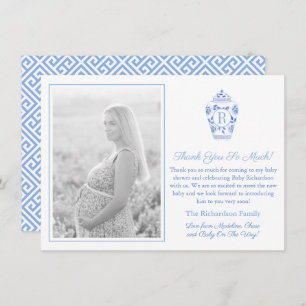 Blauw-wit Monogram Baby shower Afbeelding Bedankkaart
