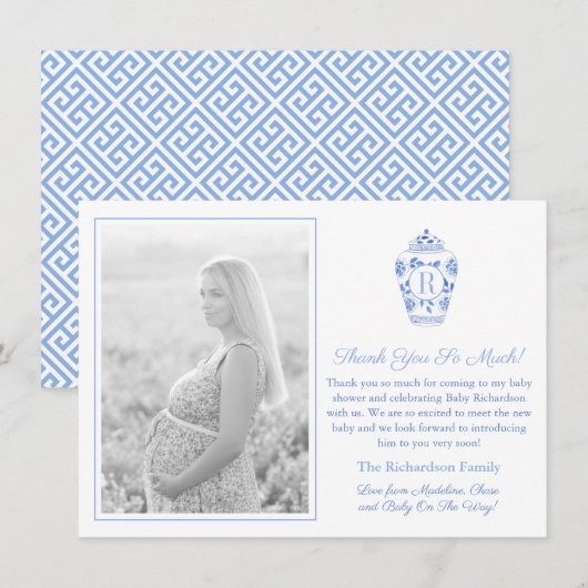 Blauw-Wit Monogram Baby Shower-foto Bedankkaart (Voorkant / Achterkant)