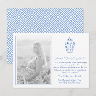 Blauw-Wit Monogram Baby Shower-foto Bedankkaart