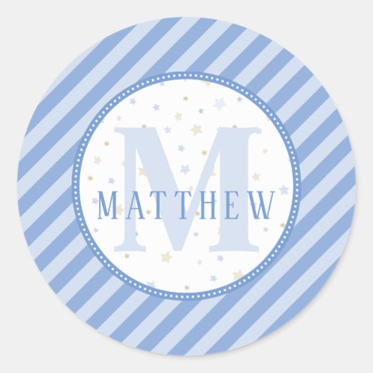 Blauw & Wit Monogram Baby Shower Ronde Sticker (Voorkant)