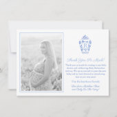 Blauw-Wit Monogram Babyshower Foto Bedankkaart (Voorkant)