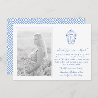 Blauw-Wit Monogram Babyshower Foto Bedankkaart