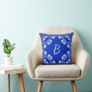 Blauw-wit Monogram Bandana Design Kussen