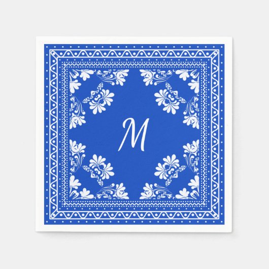 Blauw-wit monogram bandana patroon servet (Voorkant)