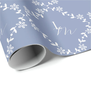 Blauw-wit monogram bruiloft cadeaupapier
