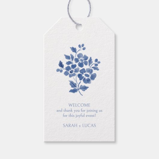 Blauw & Wit Monogram Bruiloftsgeschenk Label Cadeaulabel (Voorkant)