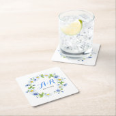 Blauw Wit Monogram Daisy Bloemen Bruiloft Kartonnen Onderzetters (Insitu)