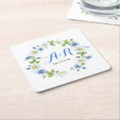 Blauw Wit Monogram Daisy Bloemen Bruiloft Kartonnen Onderzetters (Schuin)