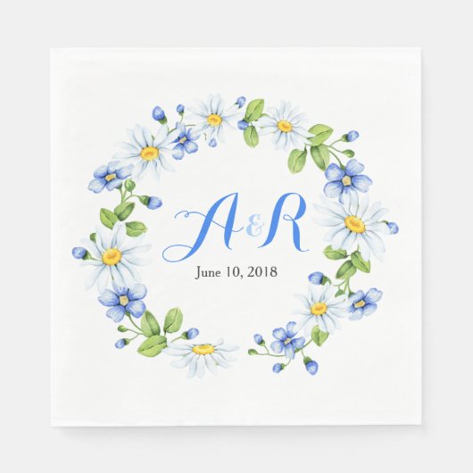 Blauw Wit Monogram Daisy Bloemen Bruiloft Servetten (Voorkant)