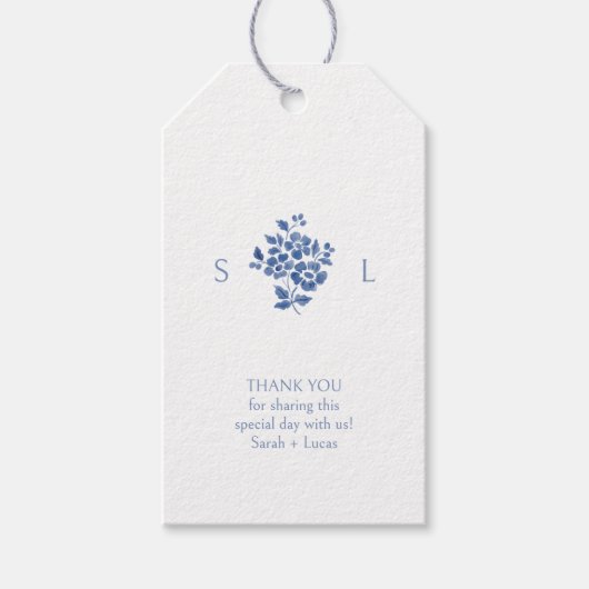 Blauw & Wit Monogram Dank u Bruiloftsgeschenk Labe Cadeaulabel (Voorkant)