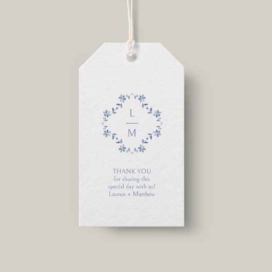 Blauw & Wit Monogram Dank u Bruiloftsgeschenk Labe Cadeaulabel