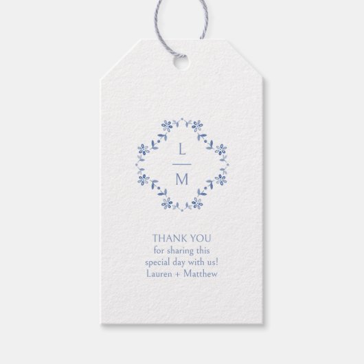 Blauw & Wit Monogram Dank u Bruiloftsgeschenk Labe Cadeaulabel (Voorkant)