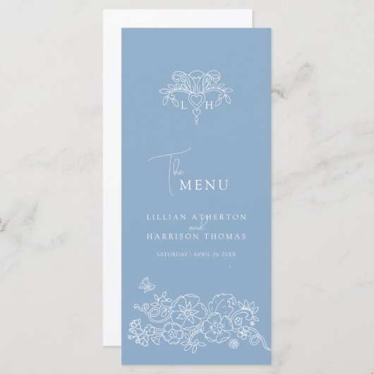 Blauw wit monogram fleur de lis bruiloft menu (Voorkant / Achterkant)