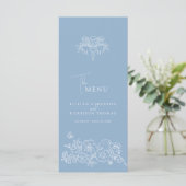 Blauw wit monogram fleur de lis bruiloft menu (Staand voorkant)