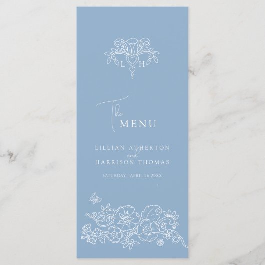 Blauw wit monogram fleur de lis bruiloft menu (Voorkant)
