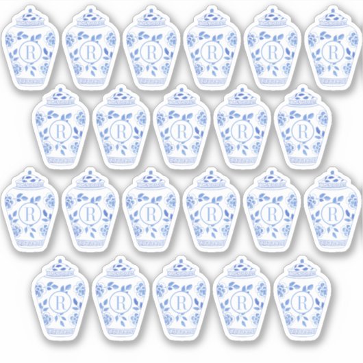 Blauw-Wit Monogram Preppy Gemberpot Sticker (Voorkant)