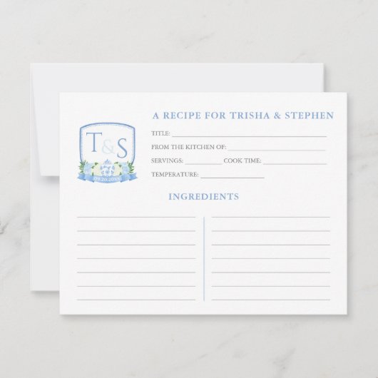 Blauw Wit Monogram Vrijgezellenfeest Recept Kaart (Voorkant)