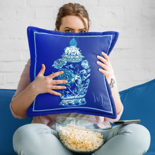 Blauw Wit Monogrammed Elegant Ginger Jar Kussen