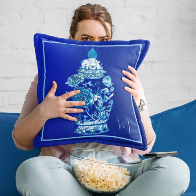 Blauw Wit Monogrammed Elegant Ginger Jar Kussen (Creator heeft geüpload)