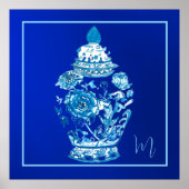 Blauw Wit Monogrammed Elegant Ginger Jar Poster (Voorkant)