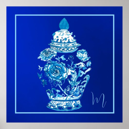 Blauw Wit Monogrammed Elegant Ginger Jar Poster (Voorkant)
