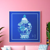 Blauw Wit Monogrammed Elegant Ginger Jar Poster