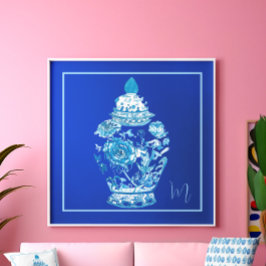 Blauw Wit Monogrammed Elegant Ginger Jar Poster
