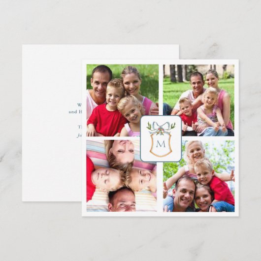 Blauw & Wit Monogrammed kuif 4 Foto Feestdagenkaart (Voorkant / Achterkant)