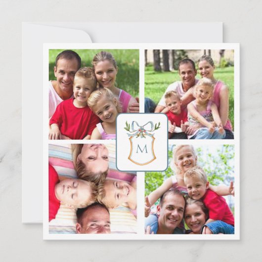 Blauw & Wit Monogrammed kuif 4 Foto Feestdagenkaart (Voorkant)