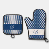 Blauw & Wit Monogrammed Polka-Dot Oven Mitt & Pot Ovenwant & Pannenlap Set (Voorkant)
