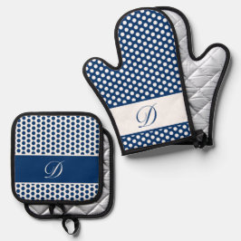 Blauw & Wit Monogrammed Polka-Dot Oven Mitt & Pot Ovenwant & Pannenlap Set