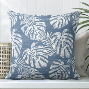 Blauw & Wit Monstera Palmbladeren Kussen