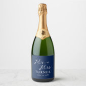 Blauw-wit Mr en Mrs Wedding Sparkling Wijnetiket (Voorkant)