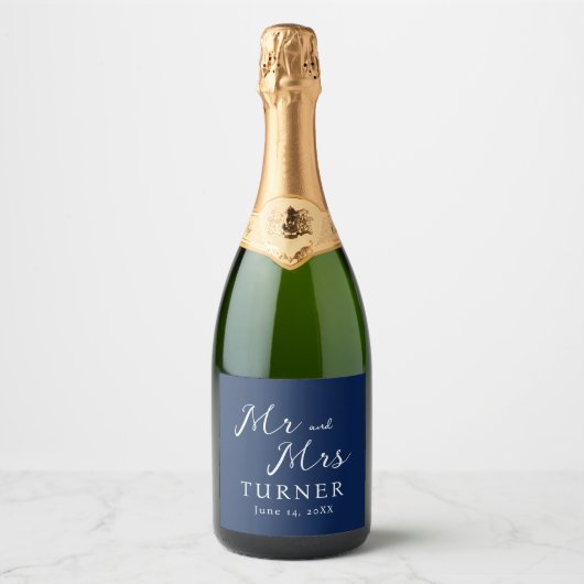 Blauw-wit Mr en Mrs Wedding Sparkling Wijnetiket (Voorkant)