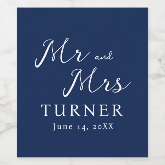 Blauw-wit Mr en Mrs Wedding Wijn Etiket (Enkel label)