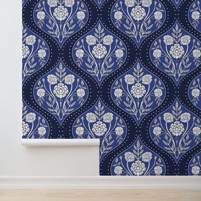 Blauw & Wit Mughal Tuin Bloemen Patroon Behang (Applicatie)