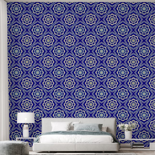 Blauw Wit Naadloze Kaleidoscoop Diamant Behang (Slaapkamer)