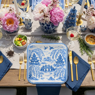 Blauw wit namaak porselein chinoiserie wilg papieren bordje