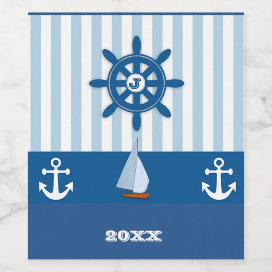 Blauw Wit Nautisch Anker Monogram Wijn Etiket (Enkel label)