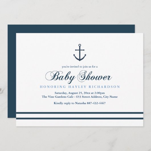 Blauw & Wit Nautisch Baby shower Uitnodigen Kaart (Voorkant / Achterkant)