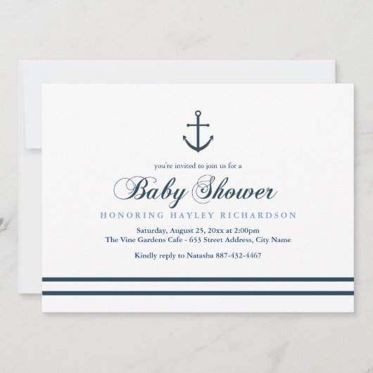 Blauw & Wit Nautisch Baby shower Uitnodigen Kaart (Voorkant)