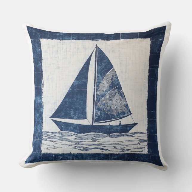 Blauw-Wit Nautisch Zeilboot Sierkussen (Voorkant)