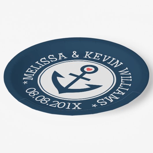 Blauw & Wit Nautische Boot Anker Bruiloft Ontwerp Papieren Bordje (Gekanteld)