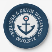 Blauw & Wit Nautische Boot Anker Bruiloft Ontwerp Papieren Bordje (Voorkant)