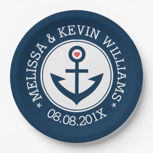 Blauw & Wit Nautische Boot Anker Bruiloft Ontwerp Papieren Bordje (Voorkant)