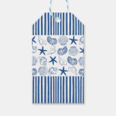 Blauw & Wit Nautische strepen en schelpen Cadeaulabel (Voorkant)