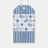 Blauw & Wit Nautische strepen en schelpen Cadeaulabel (Achterkant)