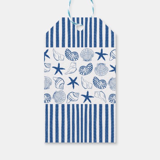 Blauw & Wit Nautische strepen en schelpen Cadeaulabel (Achterkant)