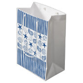 Blauw & Wit Nautische strepen en schelpen Medium Cadeauzakje (Voorkant Gekanteld)