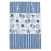 Blauw & Wit Nautische strepen en schelpen Medium Cadeauzakje (Voorkant)